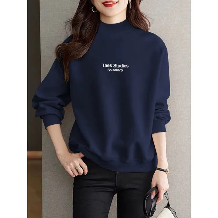 秋冬新款纯棉套头卫衣女宽松韩版半高领长袖加绒加厚打底衫上衣潮