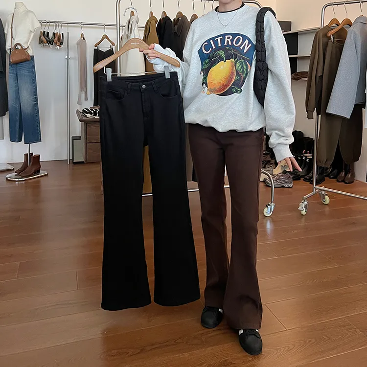 widelia冬季加绒微喇裤女百搭显高显瘦黑色牛仔裤0823