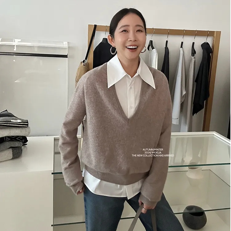 widelia陈姬儿秋冬韩版简约质感V领羊毛针织衫百搭纯色毛衣07199