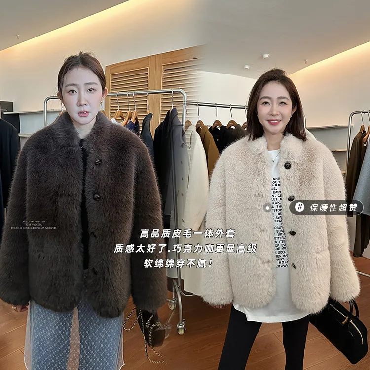 widelia秋冬季韩版复古咖色皮毛一体外套女加厚保暖毛毛外套9290