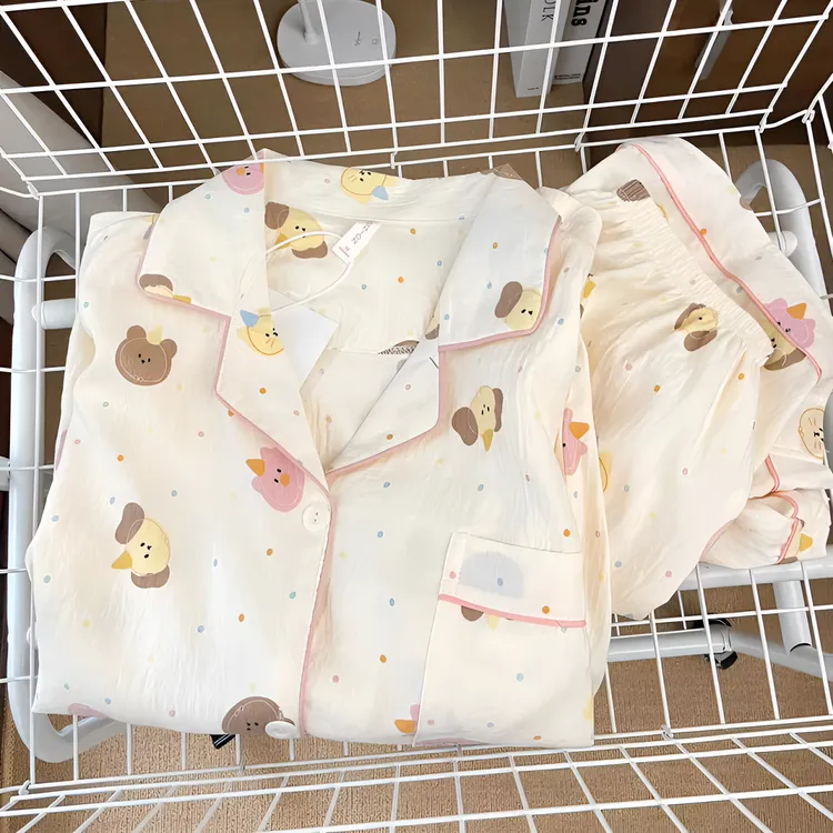 可爱卡通睡衣女夏季薄款两件套短袖小狗熊翻领可爱少女学生甜美款