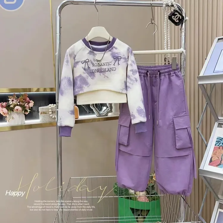 女童春装新款爆款儿童风洋气晕染春季服装时尚洋气晕染休闲三件套