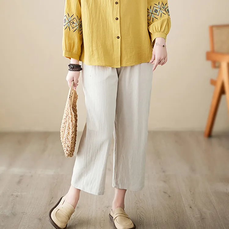 夏季新款休闲大码女装宽松显瘦阔腿裤棉麻八分裤胖MM妈妈装女裤子