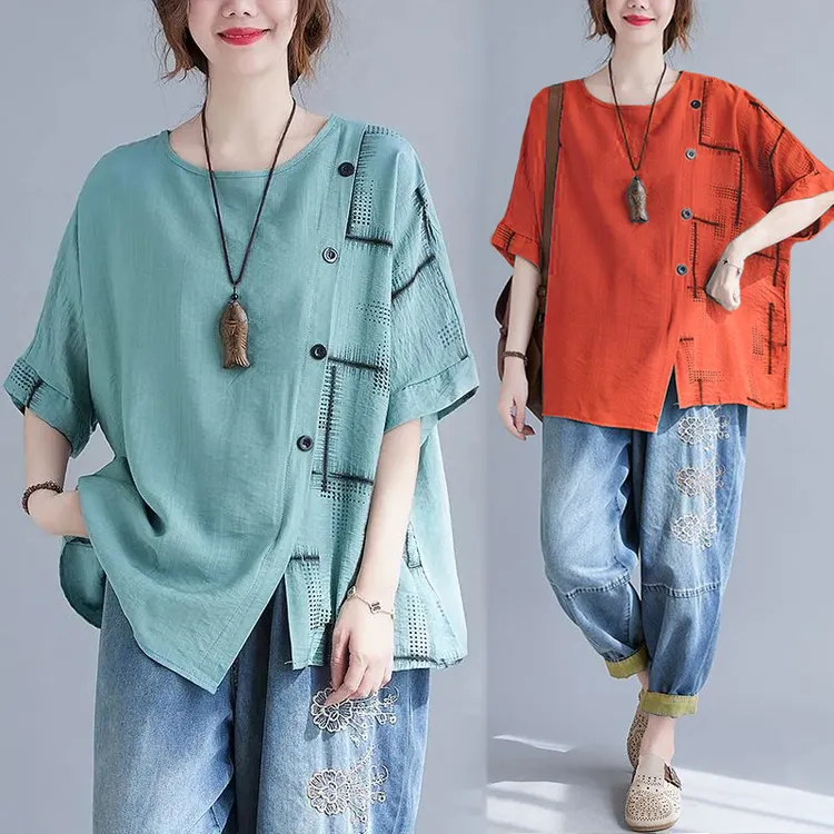 夏季新款棉麻显瘦大码女装上衣宽松显瘦遮肉妈妈装胖妹妹短袖T恤