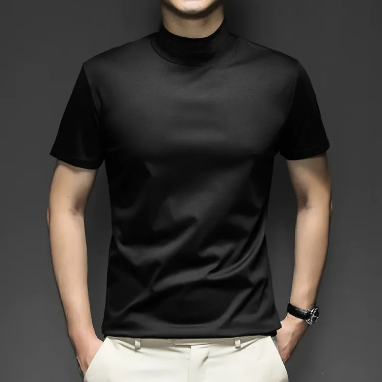 液氨丝光棉半高领上衣短袖t恤男纯色修身中领半袖高端纯棉体恤