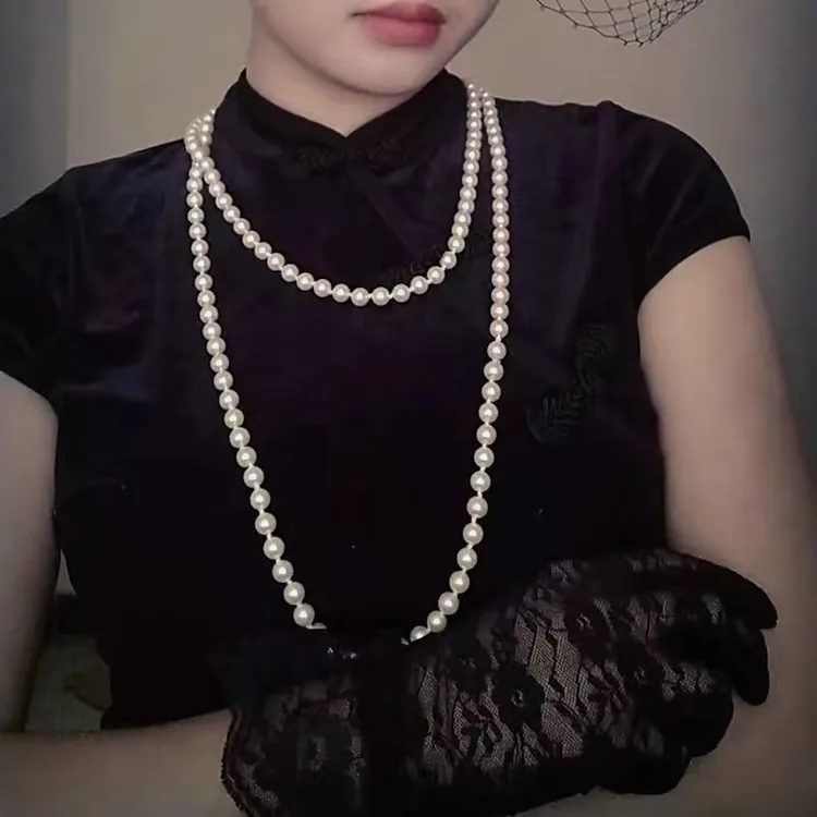 非金属仿珍珠项链 珍珠项链长款轻奢小众高级颈链毛衣链叠戴项链