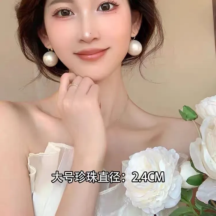 铜合金仿珍珠耳饰 港风复古夸张珍珠耳环女耳扣式欧美冷淡风耳坠