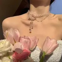 合金仿珍珠项链 度假风粉色花朵流苏项链女款新款hoker颈链锁骨链