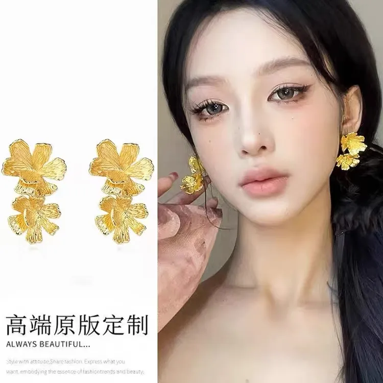 铜合金耳饰 金色花朵耳环轻奢小众高级感复古个性耳钉富贵花耳饰