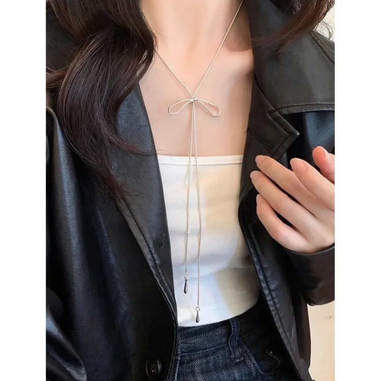 钛钢项链 银色蝴蝶结抽拉项链女简约ins冷淡风长款毛衣链百搭配饰