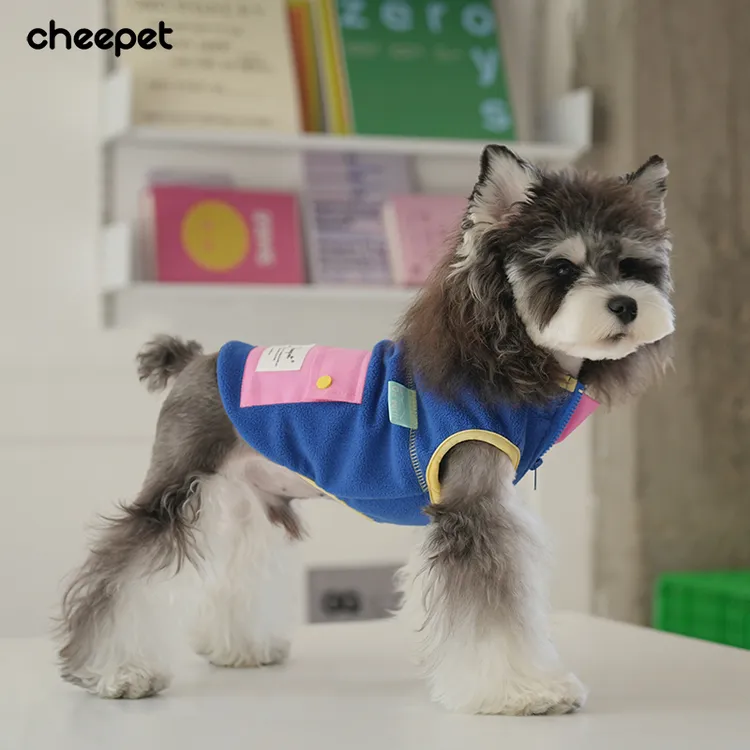 cheepet/趣派秋冬撞色口袋毛绒马甲拼色摇粒绒保暖外穿无袖遛狗服