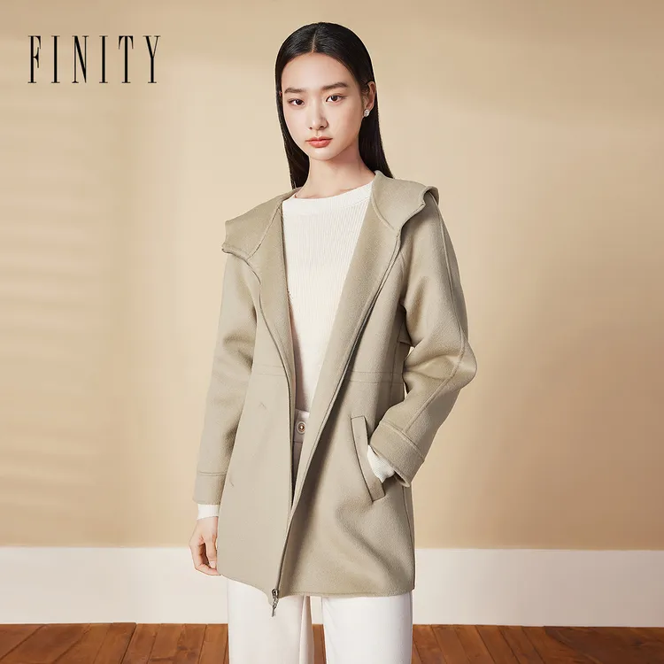 【羊绒】FINITY新款毛呢外套女气质时尚休闲百搭女士连帽简约通勤