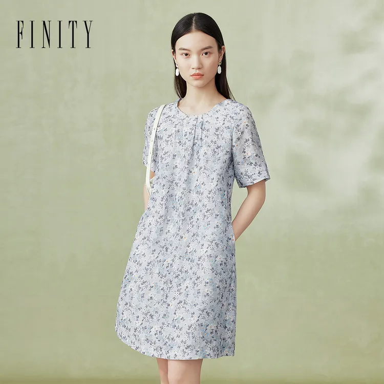 FINITY菲妮迪新款气质桑蚕丝连衣裙亚麻宽松收腰碎花时尚休闲女士