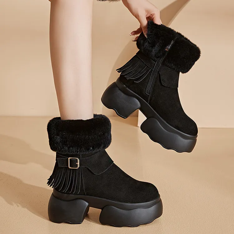 兔毛厚底桑坡雪地靴女2024冬季新款短筒加绒加厚中筒流苏棉靴女