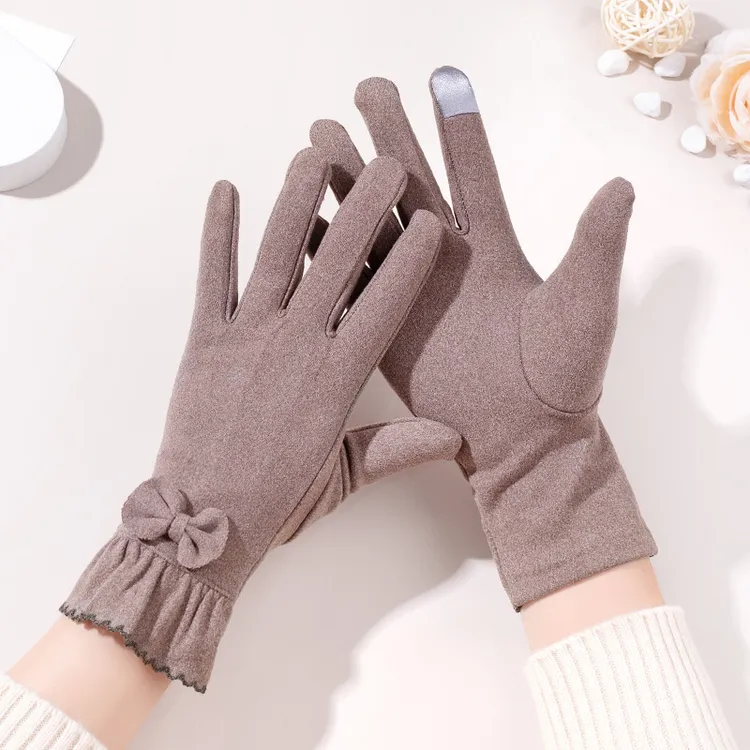 秋冬季保暖手套女德绒弹力棉薄款触屏双面绒骑车可爱五指防冻春秋