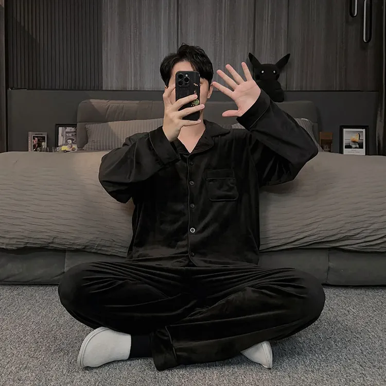 黑色海岛绒睡衣男款冬季高级感珊瑚绒加厚加绒大码家居服冬款套装