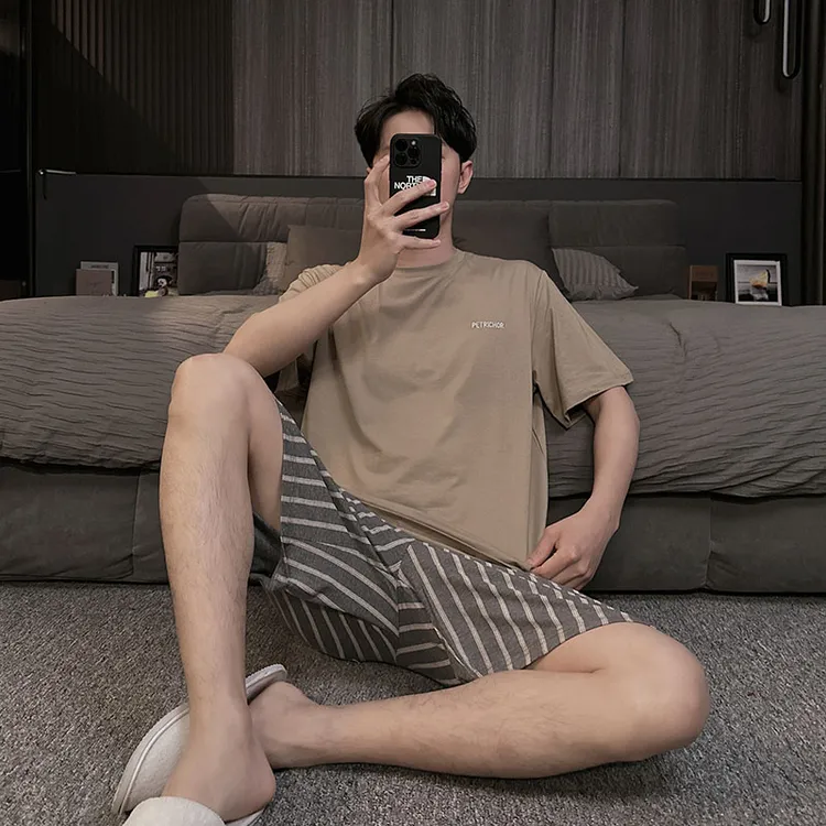 高级感睡衣男夏款短袖短裤圆领夏季薄款冰丝男士家居服可外穿套装