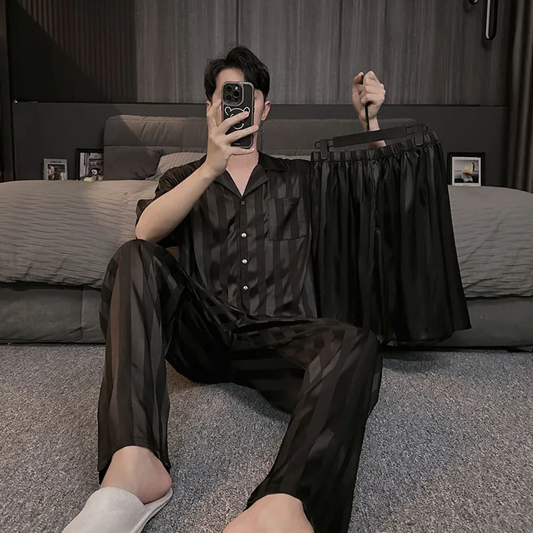 2025新款黑色冰丝男士睡衣夏季薄款短袖大码宽松可外穿家居服高档