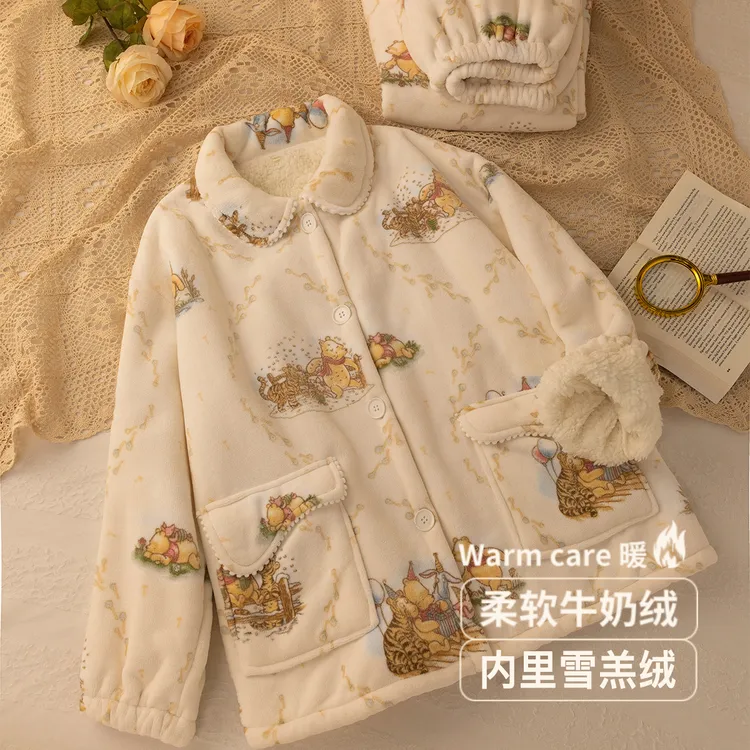 双层加厚雪羔绒内里一体睡衣女套装秋冬季可爱珊瑚绒牛奶绒家居服