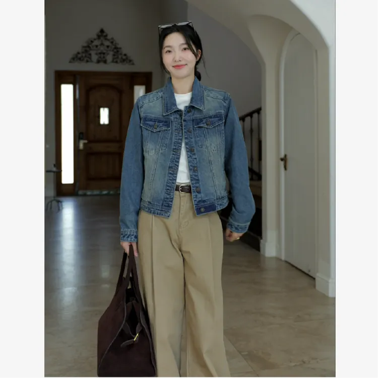 郭九九呢 棉美式复古休闲正肩水洗做旧显瘦牛仔短外套 G924Z10923