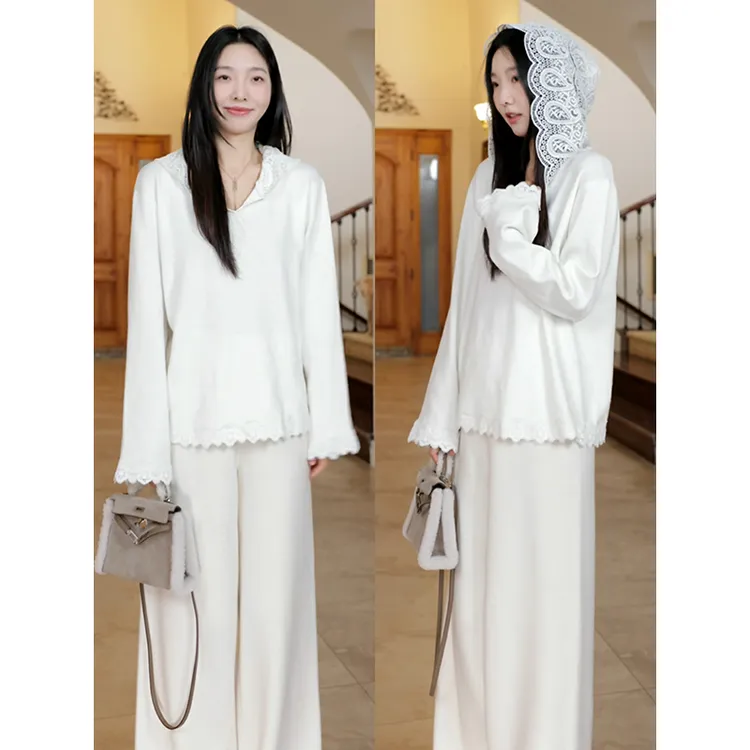 郭九九呢 羊.毛温柔宽松显瘦连帽蕾丝毛衣阔腿直筒裤 G924Z16401