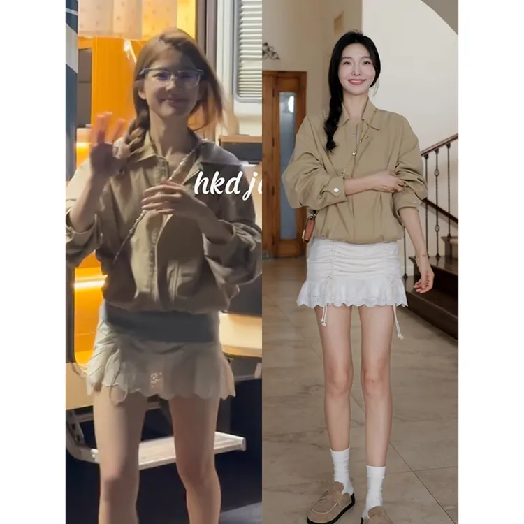 郭九九呢 天丝棉休闲宽松显瘦夹克外套蕾丝抽褶半身裙 G924T13354