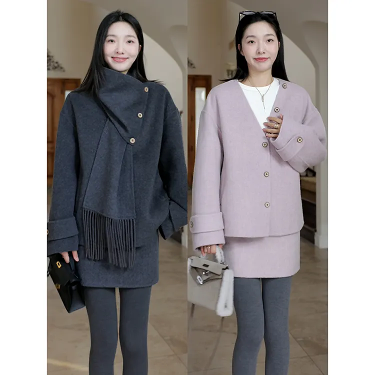 郭九九呢 羊毛围巾可拆卸双面呢大衣外套高腰a字半裙G924M15384