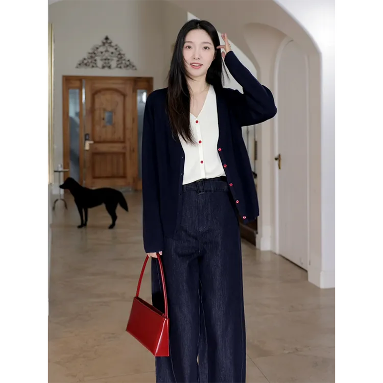 郭九九呢 羊.毛慵懒风简约假两件撞色开衫高腰阔腿裤 G924Z16324