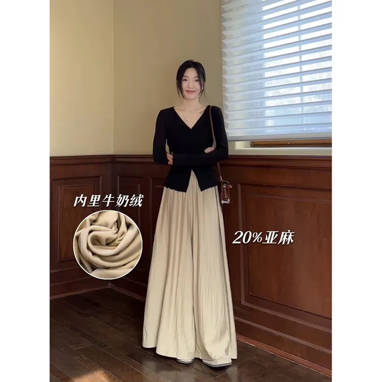 郭九九呢 禅意风国风加绒冬季V领上衣显瘦亚麻阔腿裤裙G923A08616