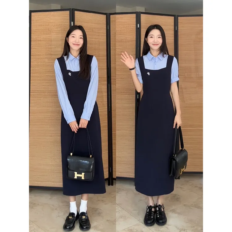 郭九九呢 学院风显瘦收腰衬衫假两件长袖西装连衣裙 G924Q02217