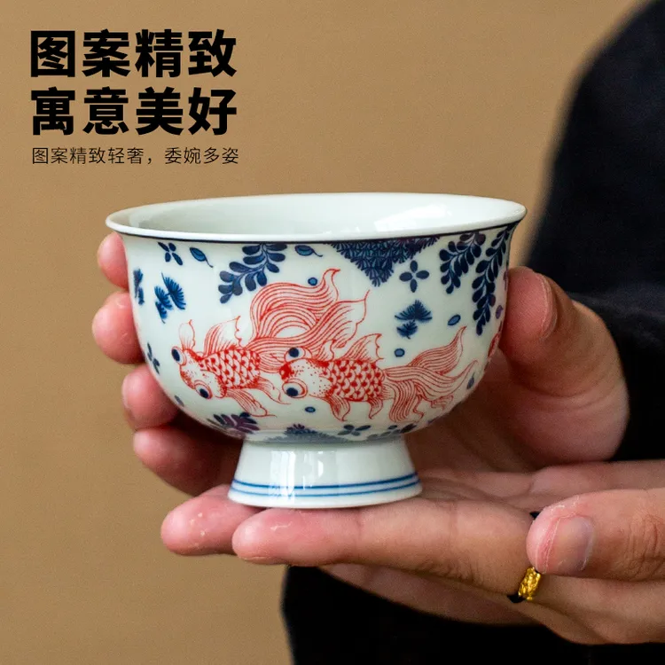 景德镇老陶泥手工青花山水主人杯陶瓷釉下彩功夫茶具品茗茶杯单杯