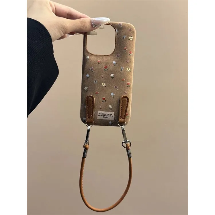 皮革小碎花适用iPhone16promax苹果15手机壳14新款保护套13带挂绳