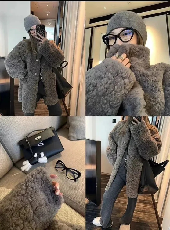 《灰色假日》新款立领时尚毛毛外套中长款皮毛一体宽松环保毛绒大衣