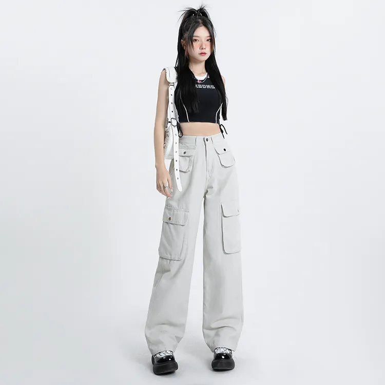 港风白色辣妹工装裤女2023年秋季新款高腰显瘦直筒多袋款拖地长裤