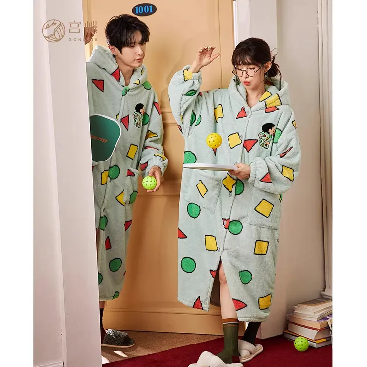 宫蝶【蓄热型】蜡笔小新情侣睡衣女秋冬加厚珊瑚绒男士睡袍家居服
