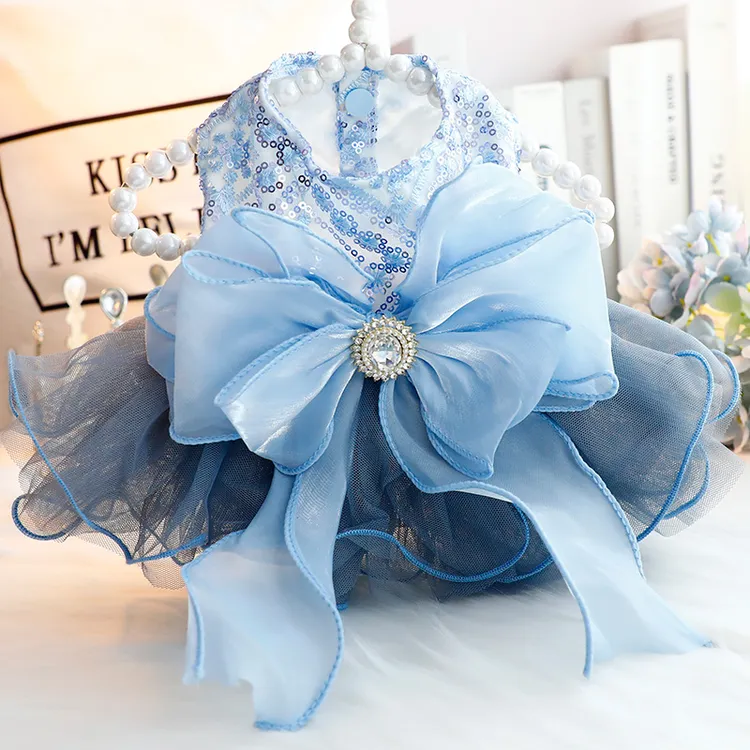 狗狗衣服春秋装猫咪公主裙子蓝色星河婚纱礼服小型犬泰迪宠物5943