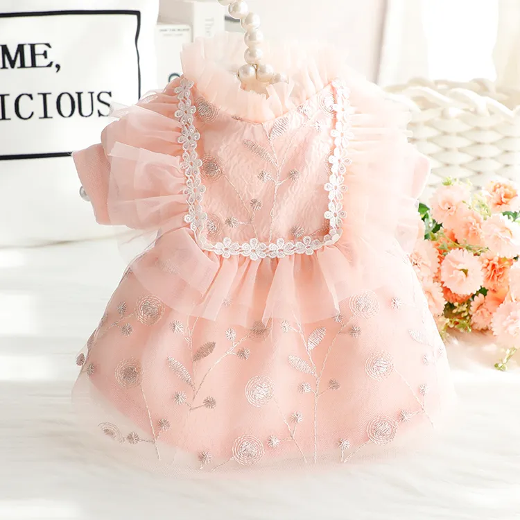 狗狗衣服秋冬装猫咪公主纱绣棉服冬裙刺绣厚款小型犬泰迪宠物4286