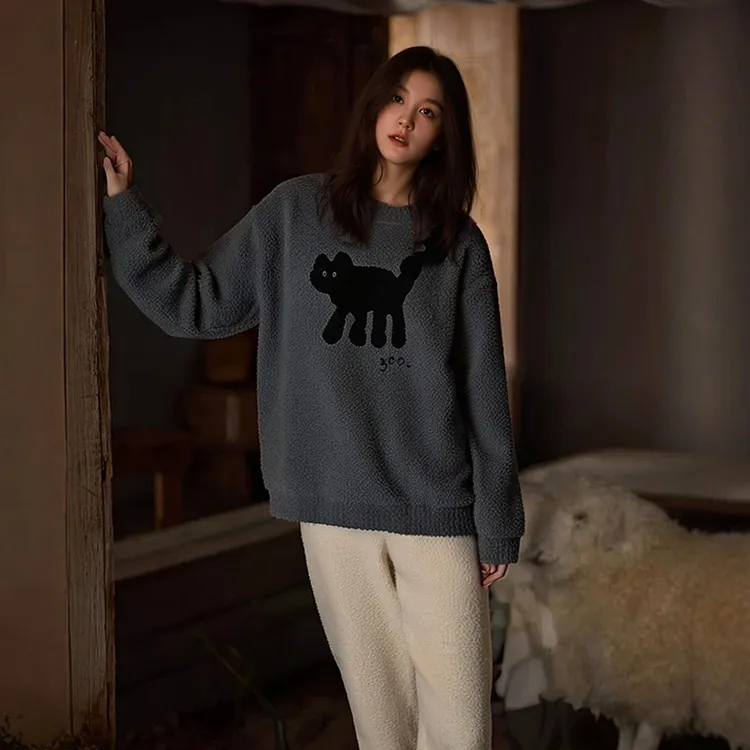 2024圆领套头睡衣女长袖舒棉绒舒适大码女士家居服套装冬季可外穿