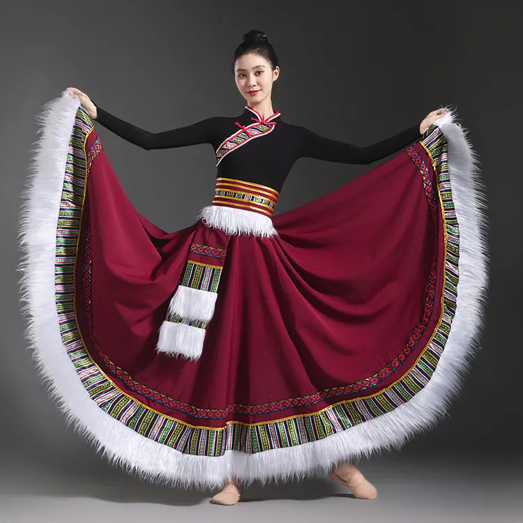 新款安可拉红藏族舞蹈服装女广场舞大摆裙民族演出服半身裙艺考