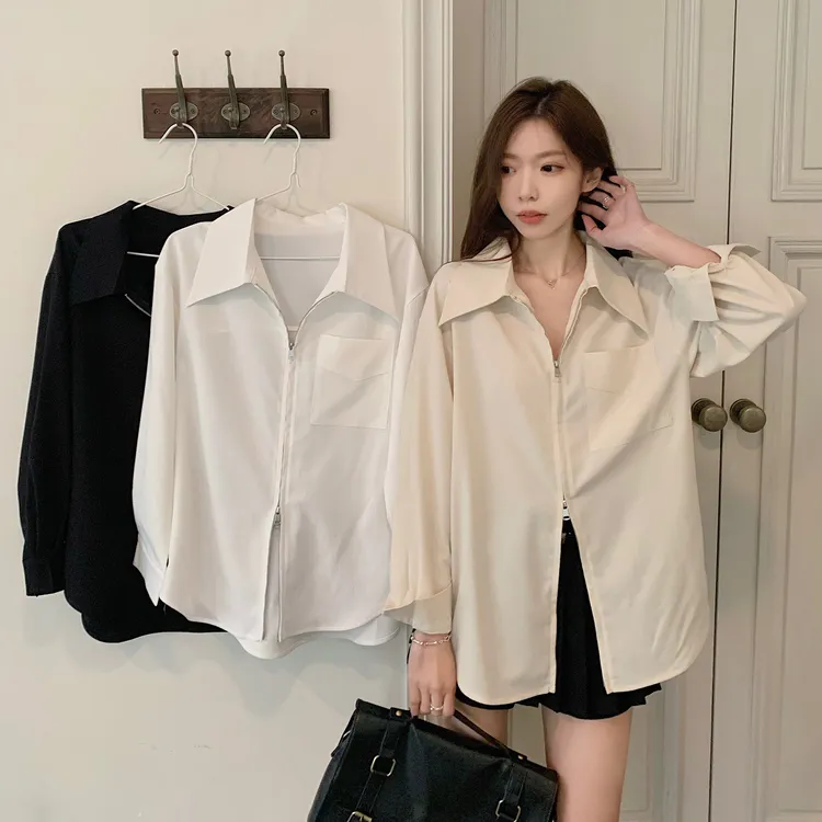 春夏法式白色长袖拉链衬衫大码女装设计感气质显瘦休闲衬衣66046#