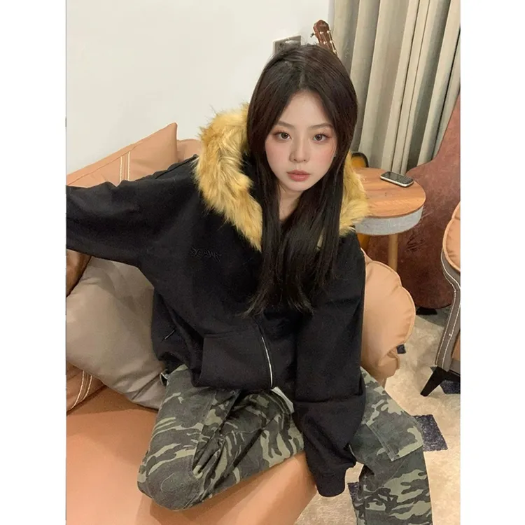 秋冬外套女美式复古加绒毛领拉链开衫连帽设计感百搭宽松显瘦上衣