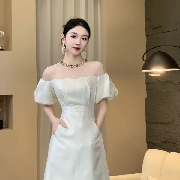 法式小个子正式场合高端精致小香风白色泡泡袖连衣裙子女夏季