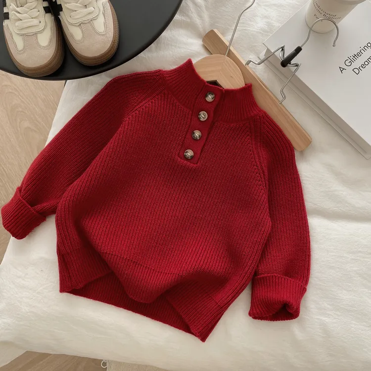 2025秋冬新款纯色单排扣半高领加厚毛衣男女童洋气百搭气质毛衣潮