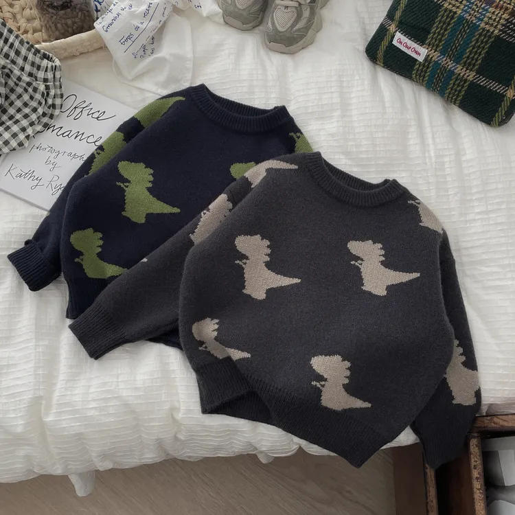 秋冬新款男女童恐龙提花宽松套头毛衣韩系卡通针织厚实毛衣