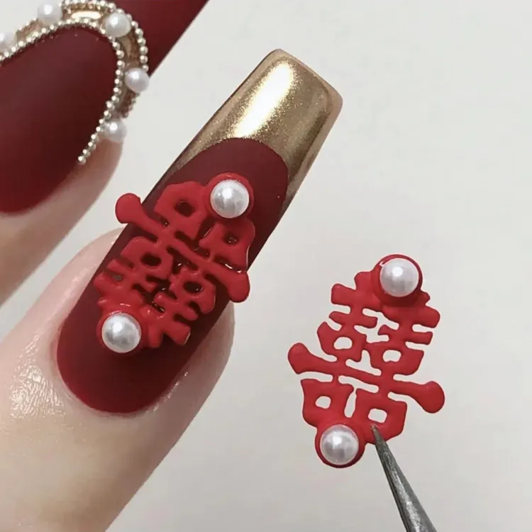 喜字美甲饰品 合金红色双囍字新娘结婚复古 中式指甲装饰品中国红