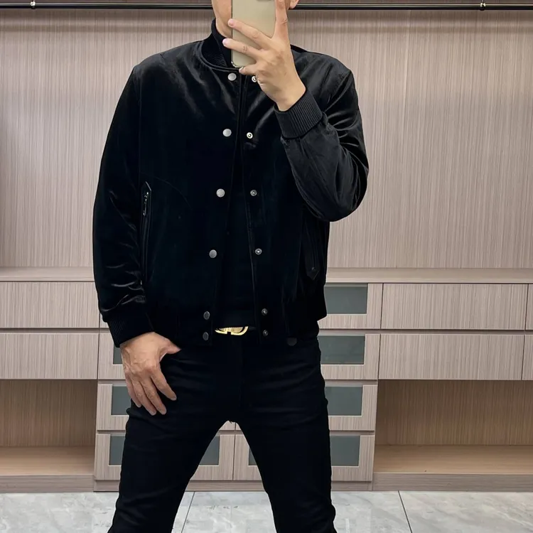 今晨优品-冬季新款简约休闲立领扣版拼皮金丝绒羽绒夹克外套6312