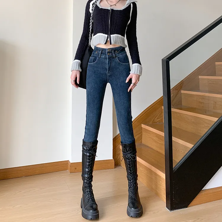 加绒牛仔裤女高腰显瘦秋冬季新款加厚弹力修身保暖紧身小脚裤子女