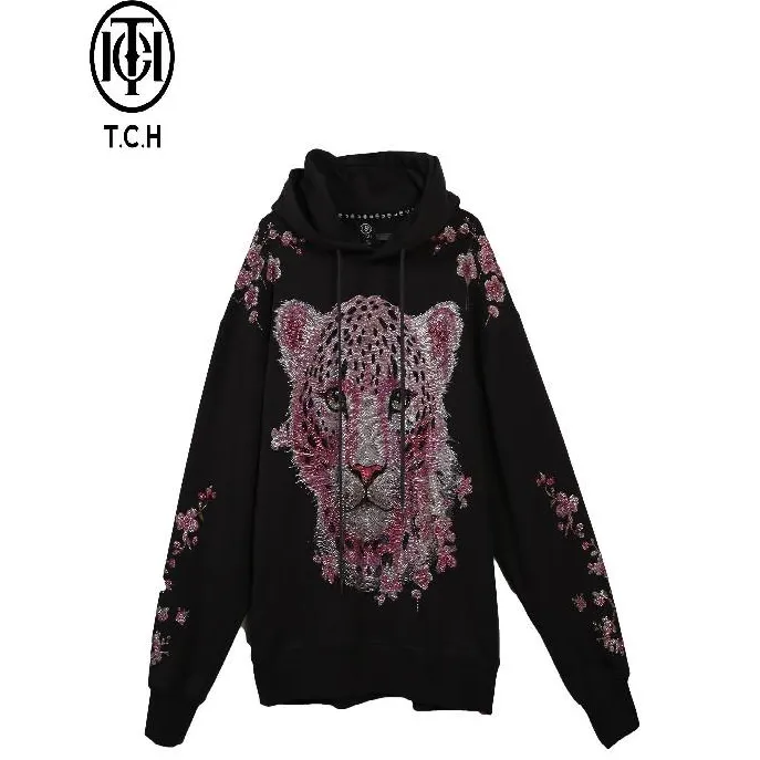 TCH服饰店播-潮牌烫钻豹子霸气休闲运动帽衫女T72C126005