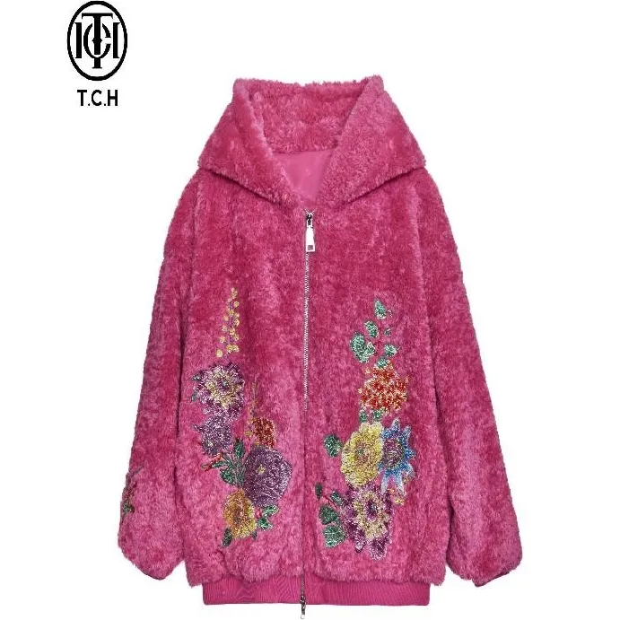 石景山TCH潮牌重工喜庆朵朵鲜花加绒保暖外套女T72D056028