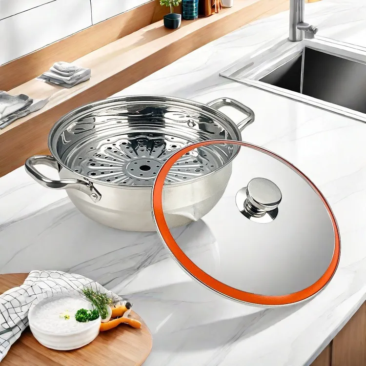 上钢30CM蒸汤锅火锅不锈钢一体成型加厚大容量高硼硅可视化玻璃盖商品图